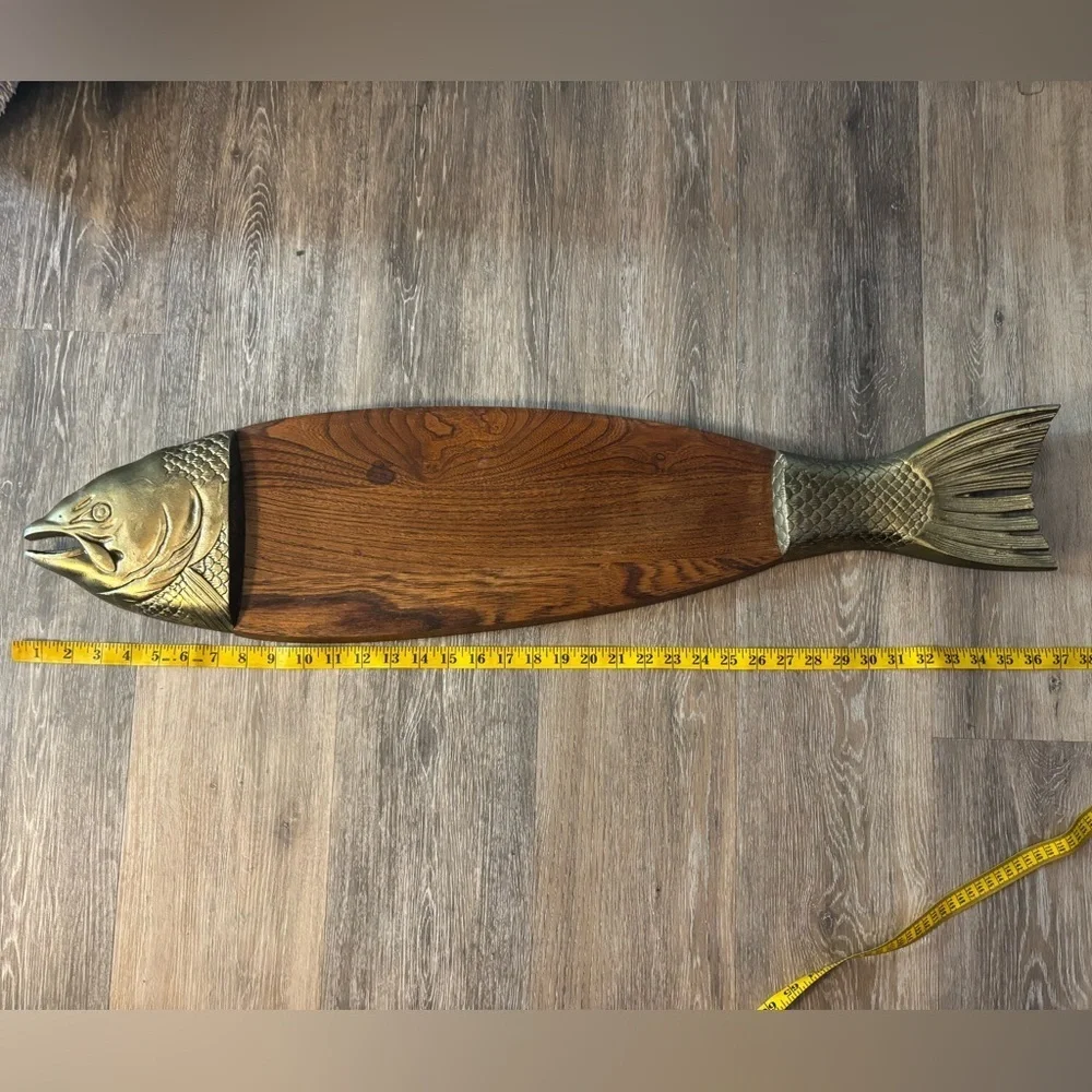 XL Wooden Salmom Fish-Shaped serving platter Cutting Board with Brass Accents